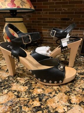 Black Studded Platform Heel Sandals with Beige Block Heel
